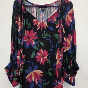 Karen Kane Black Floral Blouse with Red and Green Accents